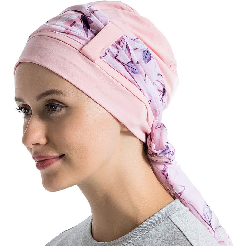 JarseHera Bamboo Cotton Liner Chemo Headwear for Womenwith Silky Scarfs for Cancer Hair Loss Sleep Caps Beanie Pink - Image 1